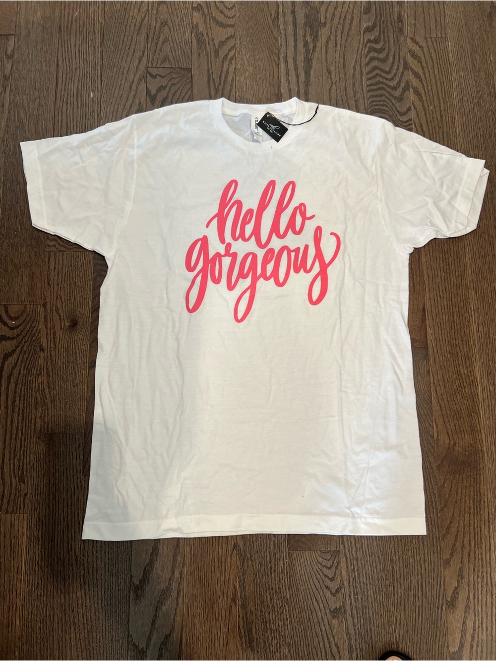 Tultex White Women's Tee with Pink "hello gorgeous" Script